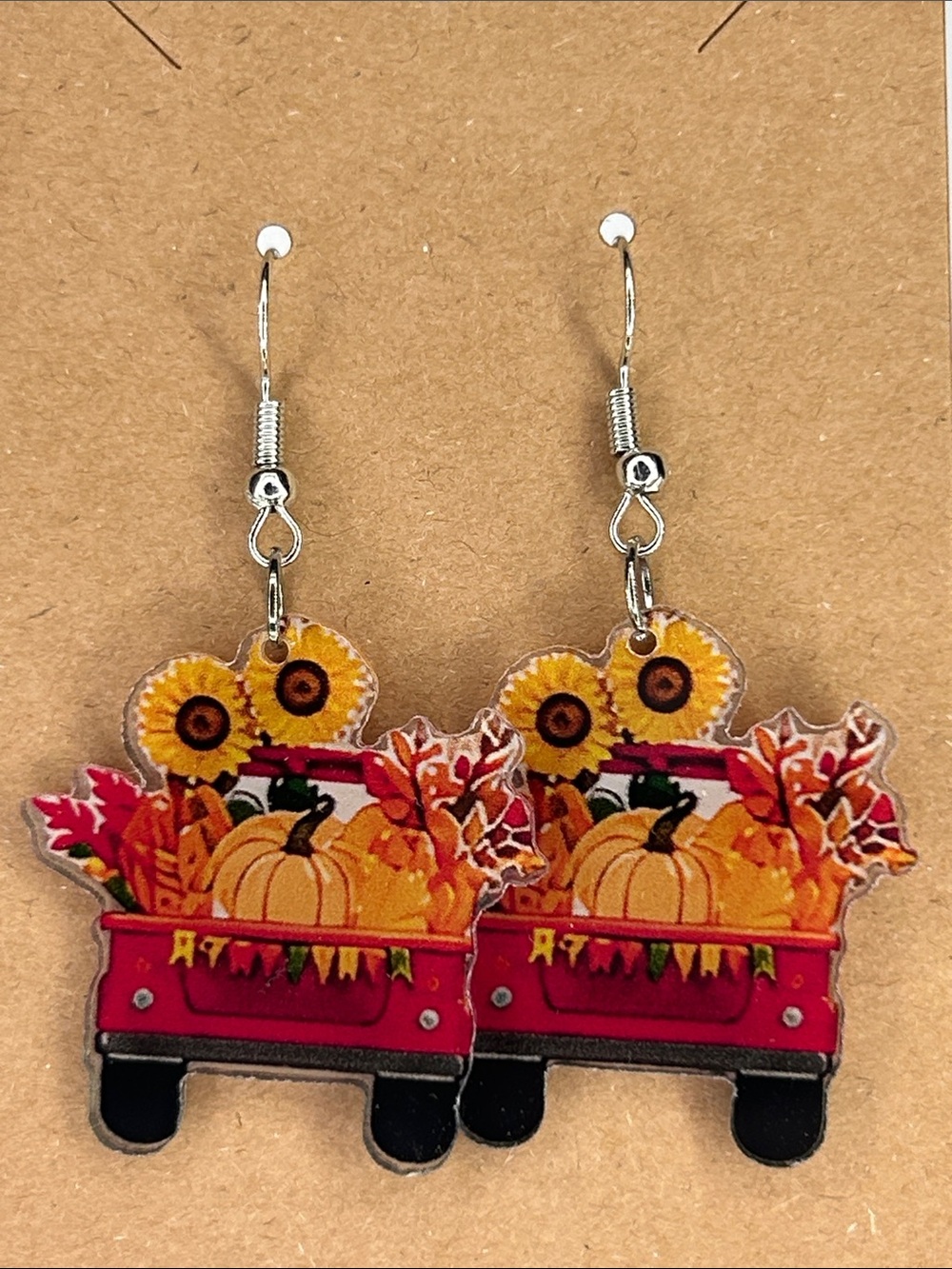Autumn Red Truck with Pumpkins and Flowers Dangle Earrings 2D Fashion Jewelry